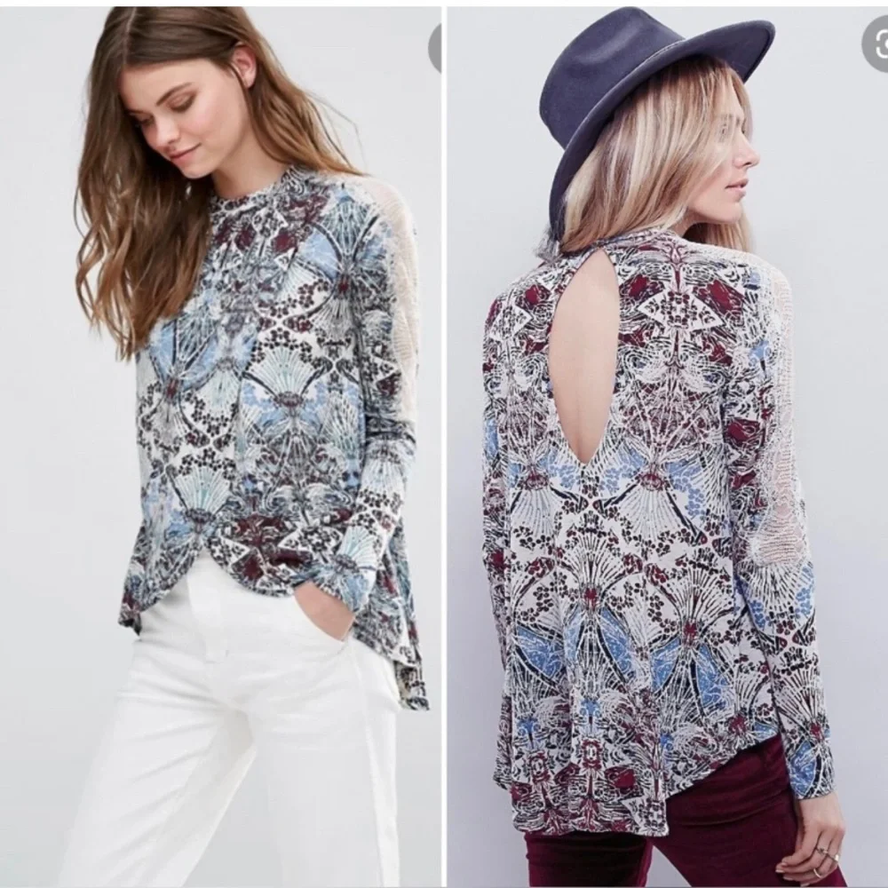 Free People New World Nouveau Top Small Boho Printed Blouse Flowy Pleated